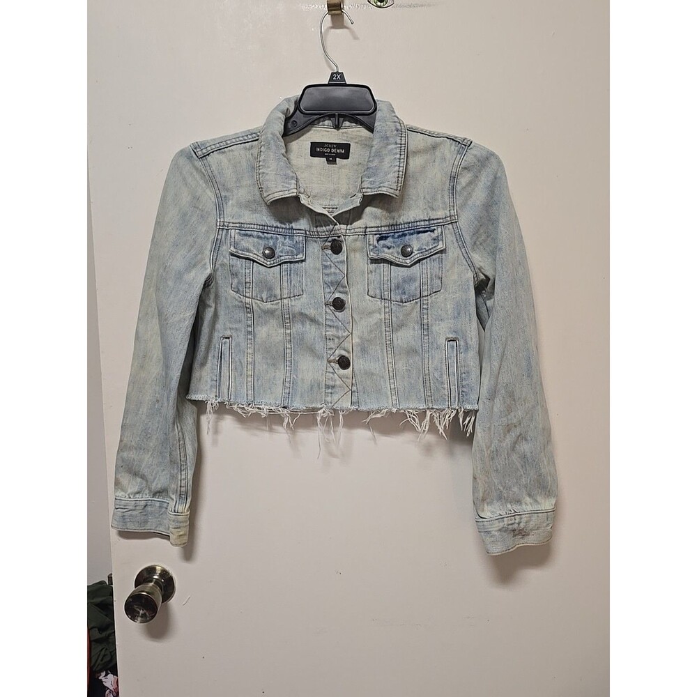 INDIGO DENIM JCREW CROP CUT WHITE WASH Distress Long Sleeve Denim Jacket MEDIUM